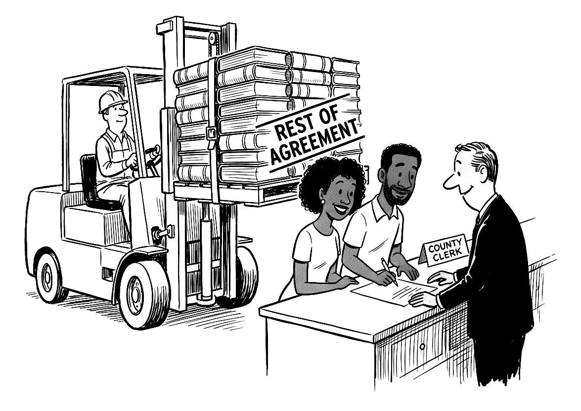 A couple signs one sheet of paper at a county clerk's counter while a forklift behind the clerk lowers a pallet of law books stamped REST OF AGREEMENT.